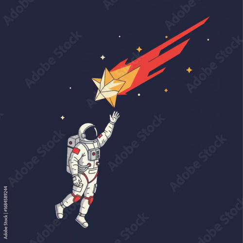 Astronaut reaching for a geometric star with a fiery red and orange tail