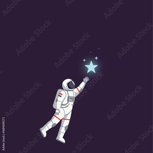 Astronaut reaching for a glowing star in the vastness of space