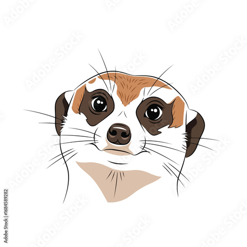 Detailed meerkat headshot illustration with its curious gaze and distinctive facial patterns, rendered in a clean graphic style.