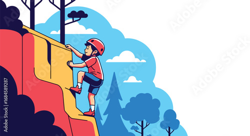 Adobe illustrator artwork vector illustration. A determined child rock climbing outdoors, wearing safety gear and ascending a rugged cliff face. Ideal for themes of adventure, challenge, and courage