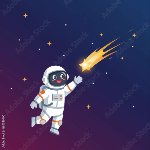 Cheerful Astronaut Reaching for a Glowing Star in Deep Space, Cartoon Style