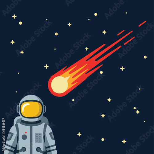 Cartoon Astronaut Gazing at a Fiery Comet Streaking Through Starry Space