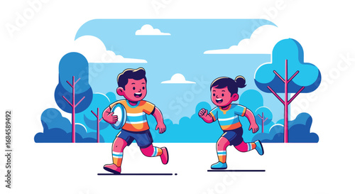 Adobe illustrator artwork vector illustration. Two happy children playing rugby outdoors, with one running with the ball and the other pursuing. Perfect for themes of sports and teamwork