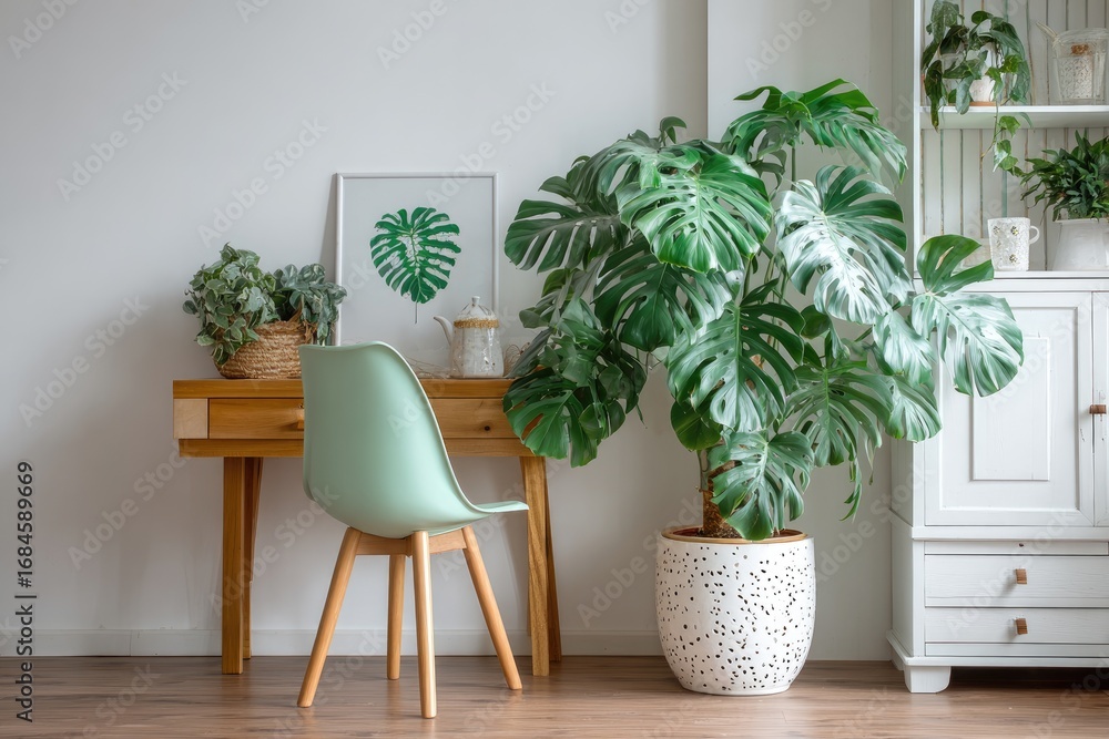 Fototapeta premium A light and airy home office with a large monstera plant.