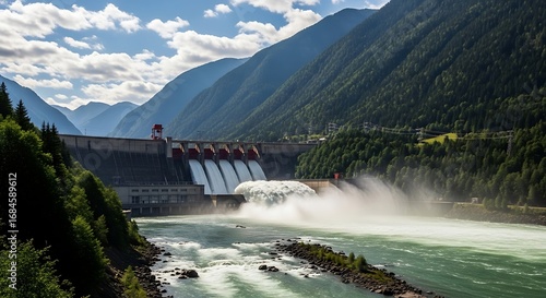 Large hydroelectric dam with mountain view
