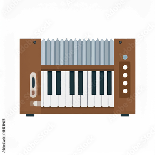A brown accordion with white and black keys, ready to play music.