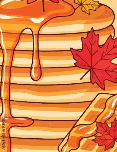 Sweet autumn breakfast concept featuring a tall stack of golden pancakes with dripping maple syrup and colorful fall leaves. Cozy food illustration