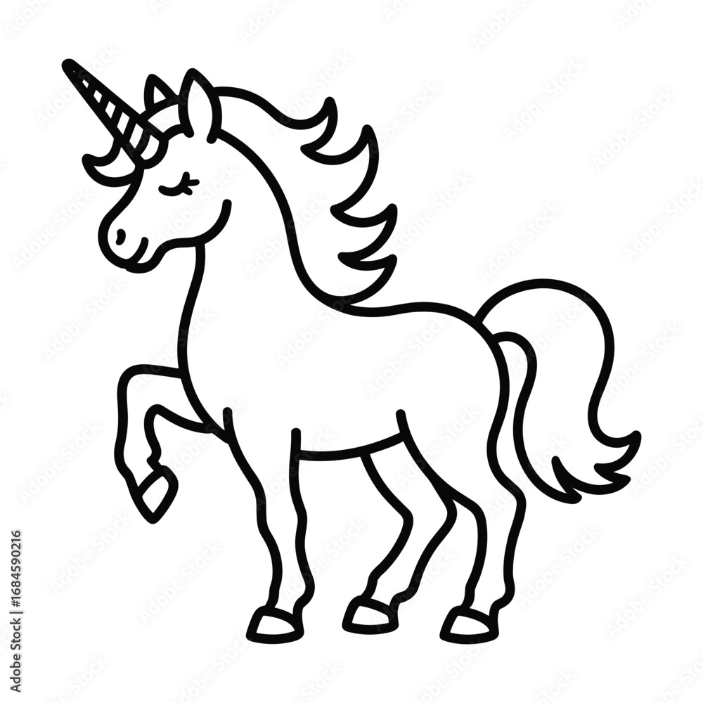 Fototapeta premium Whimsical line art drawing of a majestic unicorn with flowing mane and tail