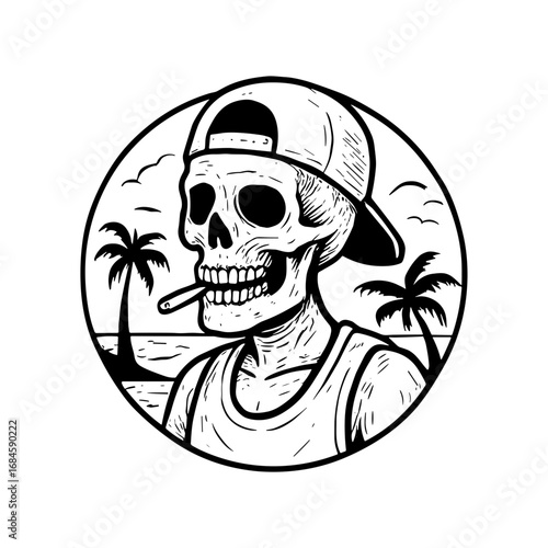 Summer vibe skull with beach illustration