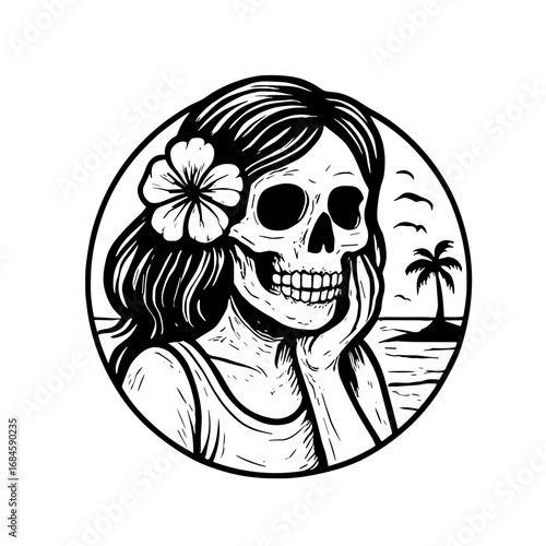 Summer vibe skull with beach illustration