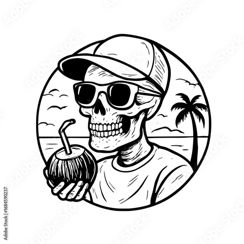 Summer vibe skull with beach illustration