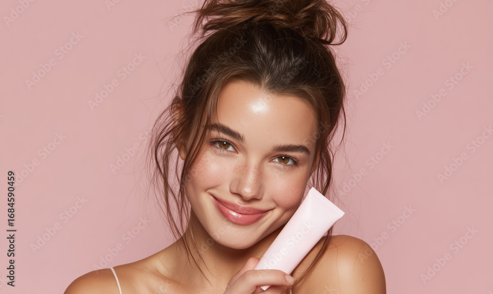 Fototapeta premium Beautiful woman holding pink cosmetic tube and smiling on pink background