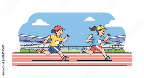 Adobe illustrator artwork vector illustration. Two cheerful children running on a track at a stadium, engaged in a race or exercise. Ideal for themes of sports, fitness, competition, and healthy