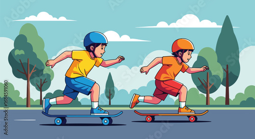 Adobe illustrator artwork vector illustration of two boys skateboarding outdoors. Kids enjoying a fun, active sport in a park setting, rendered in a clean, flat cartoon style