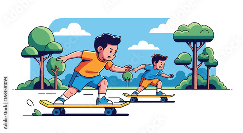 Adobe illustrator artwork vector illustration of two boys skateboarding outdoors. Kids enjoying a fun, active sport in a park setting, rendered in a clean, flat cartoon style