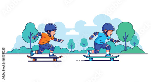 Adobe illustrator artwork vector illustration of two boys skateboarding outdoors. Kids enjoying a fun, active sport in a park setting, rendered in a clean, flat cartoon style