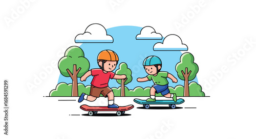 Adobe illustrator artwork vector illustration of two boys skateboarding outdoors. Kids enjoying a fun, active sport in a park setting, rendered in a clean, flat cartoon style