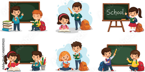 Cartoon school kids, classroom learning, blackboard, books, education, reading, studying, teacher, pupils, backpack, happy children, knowledge, primary school illustration