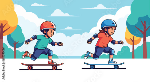 Adobe illustrator artwork vector illustration of two boys skateboarding outdoors. Kids enjoying a fun, active sport in a park setting, rendered in a clean, flat cartoon style