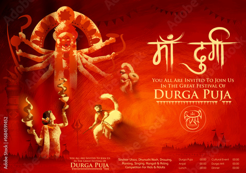 illustration of Goddess in Happy Durga Puja Subh Navratri Indian religious header banner background  with text in Hindi meaning Mother Durga