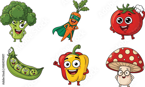 Cartoon vegetables characters, broccoli, carrot superhero, tomato chef, mushroom, bell pepper, peas, cute food, funny face, healthy eating, kids illustration
