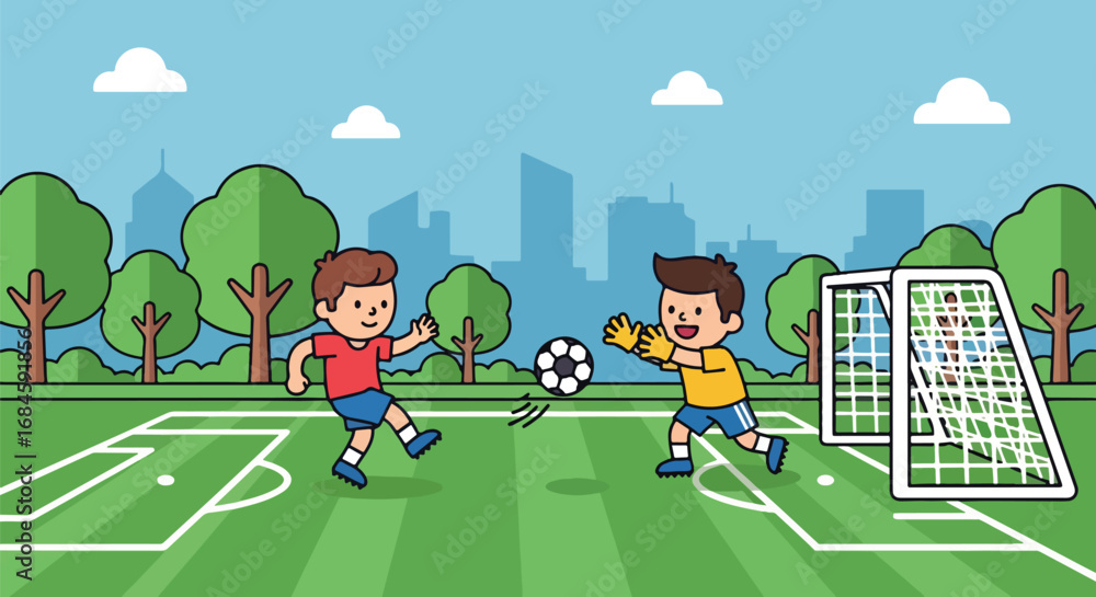 Fototapeta premium Adobe illustrator artwork vector illustration of boys playing soccer on a green field. Kids' fun outdoor sport with a player kicking the ball towards the goal and a goalkeeper ready to save