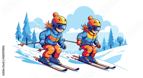Adobe illustrator artwork vector illustration. Two cheerful children skiing down a snowy mountain slope, enjoying winter sports and outdoor adventure. Ideal for themes of recreation, cold weather fun