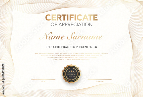 Modern certificate of appreciation template with elegant gold and black design, premium quality badge, customizable name and signature area, perfect for awards, achievement or recognition.