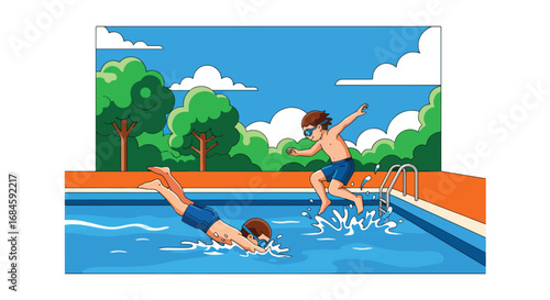 Adobe illustrator artwork vector illustration of cheerful boys swimming and jumping into a pool. Fun summer water activity for children in a vibrant, flat cartoon style