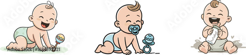 Cute baby illustration, crawling infant, cartoon toddler, happy newborn, baby with bottle, pacifier, toy rattle, adorable child, playful character