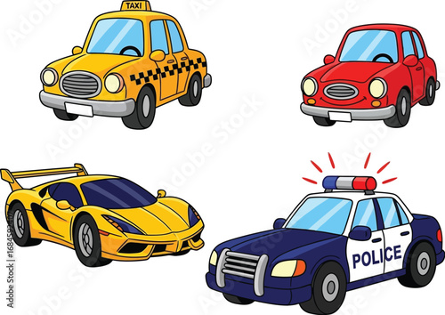 Cartoon Illustrations of Sports Car, Taxi, Sedan, and Police Car for Education and Design