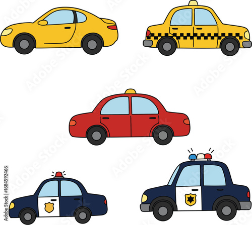 Cartoon Illustrations of Sports Car, Taxi, Sedan, and Police Car for Education and Design