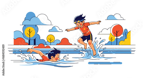 Adobe illustrator artwork vector illustration of cheerful boys swimming and jumping into a pool. Fun summer water activity for children in a vibrant, flat cartoon style