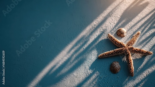 A brown starfish and small shells rest on a blue textured background, illuminated by sunlight casting shadows.
