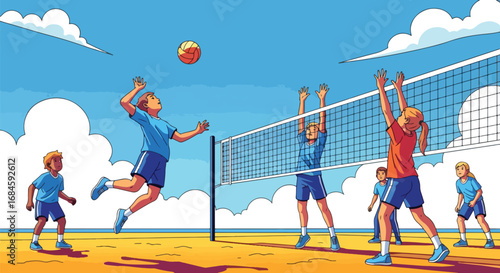 Adobe illustrator artwork vector illustration of happy kids playing beach volleyball. Fun summer sport activity for children. Team game on the sand in a flat cartoon style