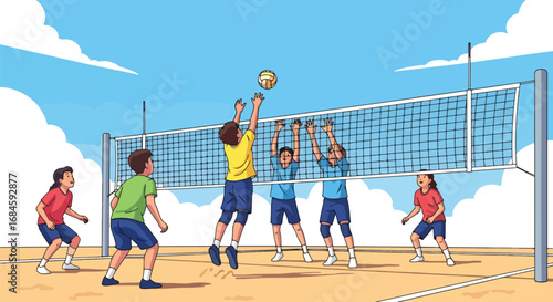 Adobe illustrator artwork vector illustration of happy kids playing beach volleyball. Fun summer sport activity for children. Team game on the sand in a flat cartoon style