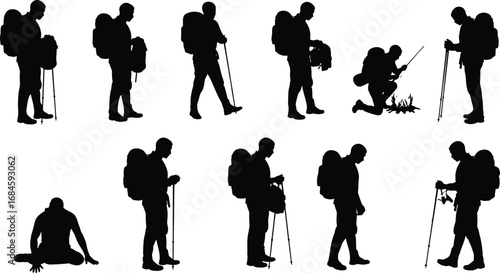 Hiking man silhouettes, backpacking, trekking, camping, outdoor adventure, forest, mountaineer, wilderness, nature travel, survival, explorer, climbing, walking sticks, backpack gear, fire