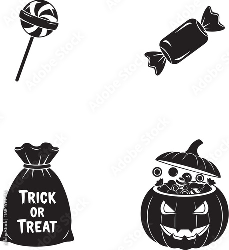Halloween Treats Icon Set – Lollipop, Wrapped Candy, Trick-or-Treat Sack, Pumpkin Candy Bucket for Festive Designs