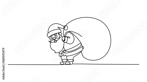 Santa Claus carrying gift sack continuous line drawing