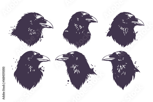 black raven head illustrations with ink splatters, vector set