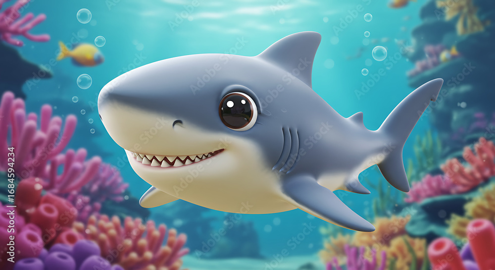 Obraz premium cartoon shark illustration, smiling and funny sea animal, cute marine character for kids, playful ocean wildlife design, isolated on background.