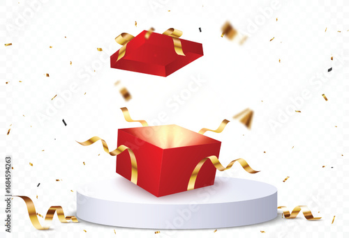 Open box with podium and confetti, design element for celebrations and advertising banner
