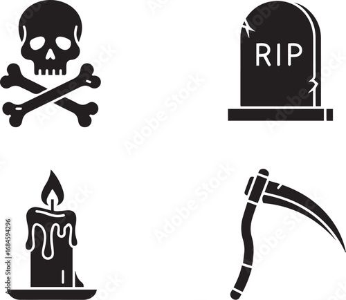 Death & Mourning Icon Set – Skull, RIP Gravestone, Candle, Scythe Symbols for Horror & Memorial Themes