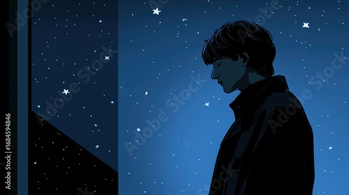 Melancholy Night Pixel Art of a Young Man Contemplating by Starry Window