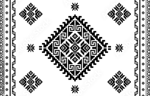 Geometric Symmetry: Intricate geometric patterns grace a textured canvas, showcasing a mesmerizing dance of symmetrical shapes, with bold black motifs against a pristine backdrop.