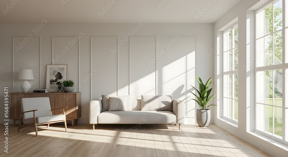 Fototapeta premium Bright living room with a sofa, chair, cabinet, plant, and artwork, bathed in sunlight streaming through large windows.