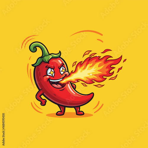 A mischievous cartoon chili pepper breathes fiery flames, showcasing its intense spiciness.