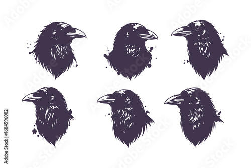 black raven head illustrations with ink splatters, vector set