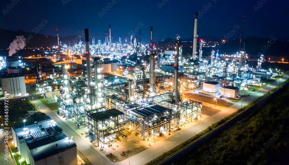Fototapeta premium Illuminated Industrial Complex at Night with Pipes, Tanks, and Chimneys Under Dark Sky