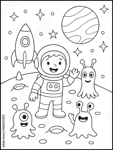 Smiling Astronaut Exploring Planet with Rocket and Cartoon Aliens Coloring Page for kids and adults.
